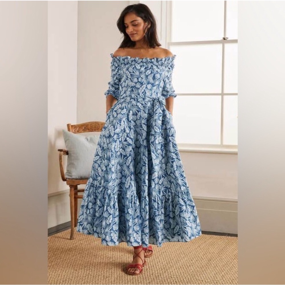 BODEN Blue Rosalind Palm Off-The-Shoulder Dress size 8 - Picture 4 of 4